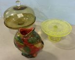 Colored Cake Dome and Pedestal, Art Deco Goldfish Flower Vase, and 1 Cake Pedestal Plate.