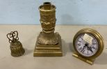 Grouping of Brass Decorative Candle Base, 1 Brass Bell, 1 Brass Clock