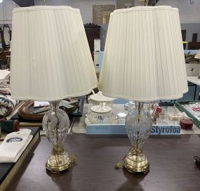 Pair of Etched Clear Glass Table Lamps With Gold Footed  Base