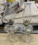 Pair of Clear Glass Oil Lamps With Shades