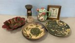 Group of Pottery Chargers, Candle Holder, Ceramic Pitcher, Small Framed Needlepoint