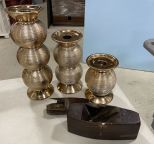 Three Ceramic Gold Candle Holders and Wood Planer