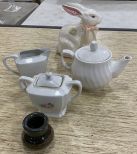 3 Piece Porcelain Tea Set, Porcelain Rabbit, and Ceramic Pen Holder Marked 96 R.