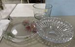 Large Glass Platter, Glass Cake Stand, and Heavy Glass Fruit Bowl