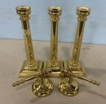 Three Tall Brass Candle Holders and Two Brass Wall Candle Sconces