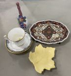 Porcelain Footed Dish, Demitasse Cups and Saucers and Bell