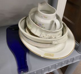 Porcelain Platters, Bowls, Pitcher and Glass Wine Bottle