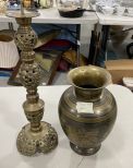 India Brass Vase and Brass Candle Holder