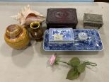 Jewelry Boxes, Blue Porcelain Tray, Trinket, Vases, and Shell
