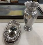 Aluminum Vase, Silver Plate Dishes, and Lids
