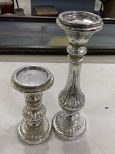 Two Silvered Glass Candle Holders