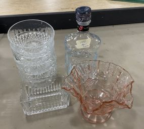 Pressed Glass Dessert Bowls, Crimped Rim Compote and Decanter