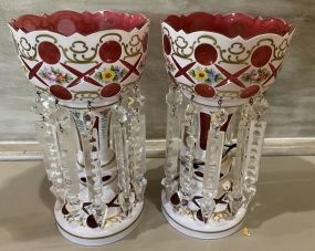 Pair of Cranberry and White Bohemian Mantle Lusters