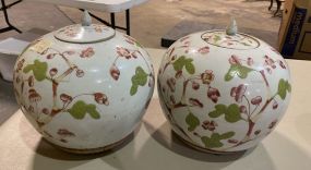 Pair of Chinese White and Pink Cherry Blossom Motif Lidded Ginger Jars