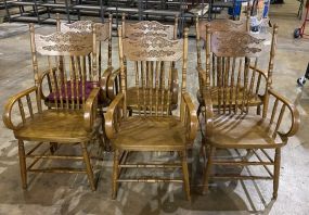 6 Vintage Pressed Back Oak Arm Dining Chairs