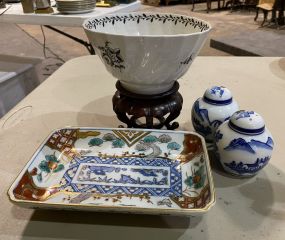 Asian Style Porcelain Center Bowl, Tray, and Small Vases