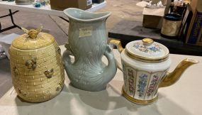 Chinese Peacock Vase, Chinese Pitcher, and Portugal Bee Hive Jar