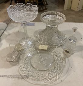 Group of Vintage Glass Compote, Punch Bowl Stand, Knife Rest, Bell, and Plate