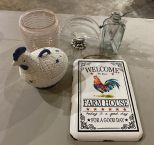 Farm House Sign, Pottery Rooster, Glass Napkin Holder, and Jars