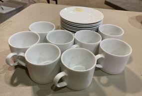 8 White Porcelain Coffee Mugs and Saucers