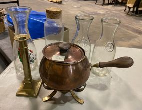 Glass Milk Jars, Fondue Pot, and Brass Candle Stick