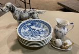 Blue and White Bowl, Ceramic Dog Statue, and Pitcher