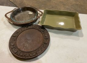 Round Glass Bowl, Ceramic Casserole Dish, and Round Wood Charger