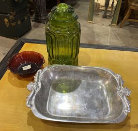 Green Glass Candy Jar, Bowl, and Metal Serving Pan