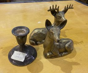 Two Brass Deer and Weighted Sterling Candle Holder