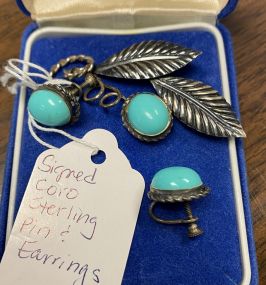 Signed Coro Sterling Pin and Earrings