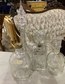 Group of Pressed Wood Decanters and Bottle