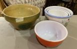 Stoneware Mixing Bowl, Pyrex Mixing Bowl, and Three Ceramic Bowls