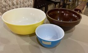 Large Pyrex Mixing Bowl, Small Pyrex Bowl, and Stoneware Pottery Bowl
