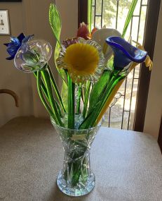 Etched Hobstar Crystal Vase with Glass Flower Arrangement