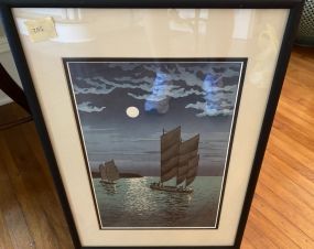 Boats of Shinagawa Night Woodblock Print by Yokoi