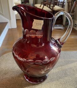 Large Red Cut to Clear Glass Pitcher