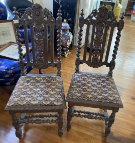 Pair of Antique Hunting Renaissance French Style Oak Chairs