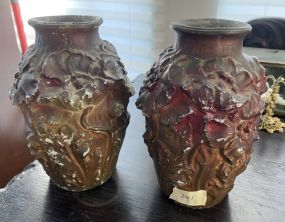 Pair of Antique Floral Goofus Glass Vases