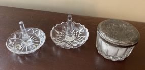 Two Crystal Glass Ring Holders and Powder Container