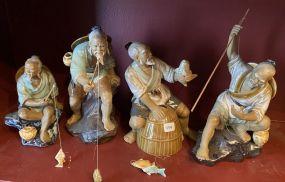 Four Shiwan Mudman Chinese Fisherman Figurines