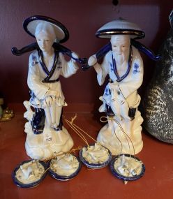 Pair of Vintage Blue and White Asian Fish Seller Figurines