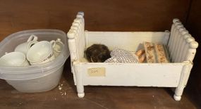 Small Wood Doll Bed and Child's Porcelain Tea Set