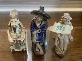 Carved Fu Lu Shou Figurine and Chinese Mudman Figurines