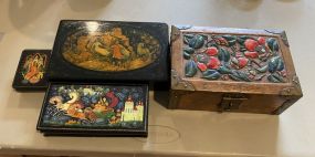 Three Hand Painted Trinket Boxes and Hand Crafted Brass/Wood Jewelry Box
