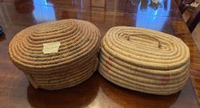 Two Hand Crafted Straw Baskets with Lids