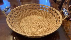 Decorative Weaved Rattan Basket with Porcelain Handles