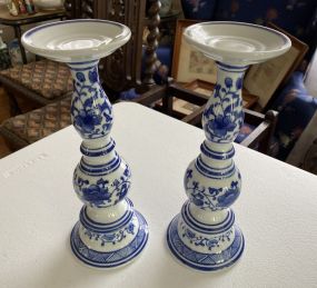 Pair of Porcelain Blue and White Candle Holders