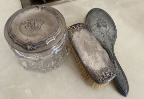 Sterling Lid Glass Powder, Silver Plate Brushes