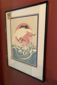 Crane, Waves, and Rising Sun Japanese Ukiyo-e Woodblock Print