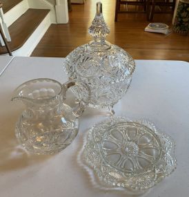 Pressed Glass Footed Candy Dish, Glass Pitcher, and Cheese Dome Base
